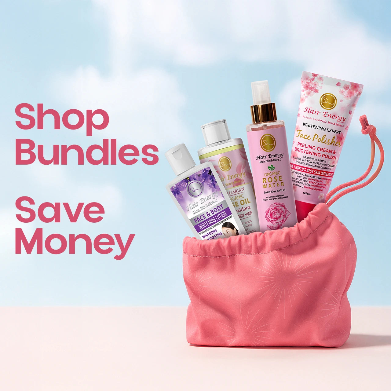 Cosmetic products in a pink bag with promotional text on a light blue background