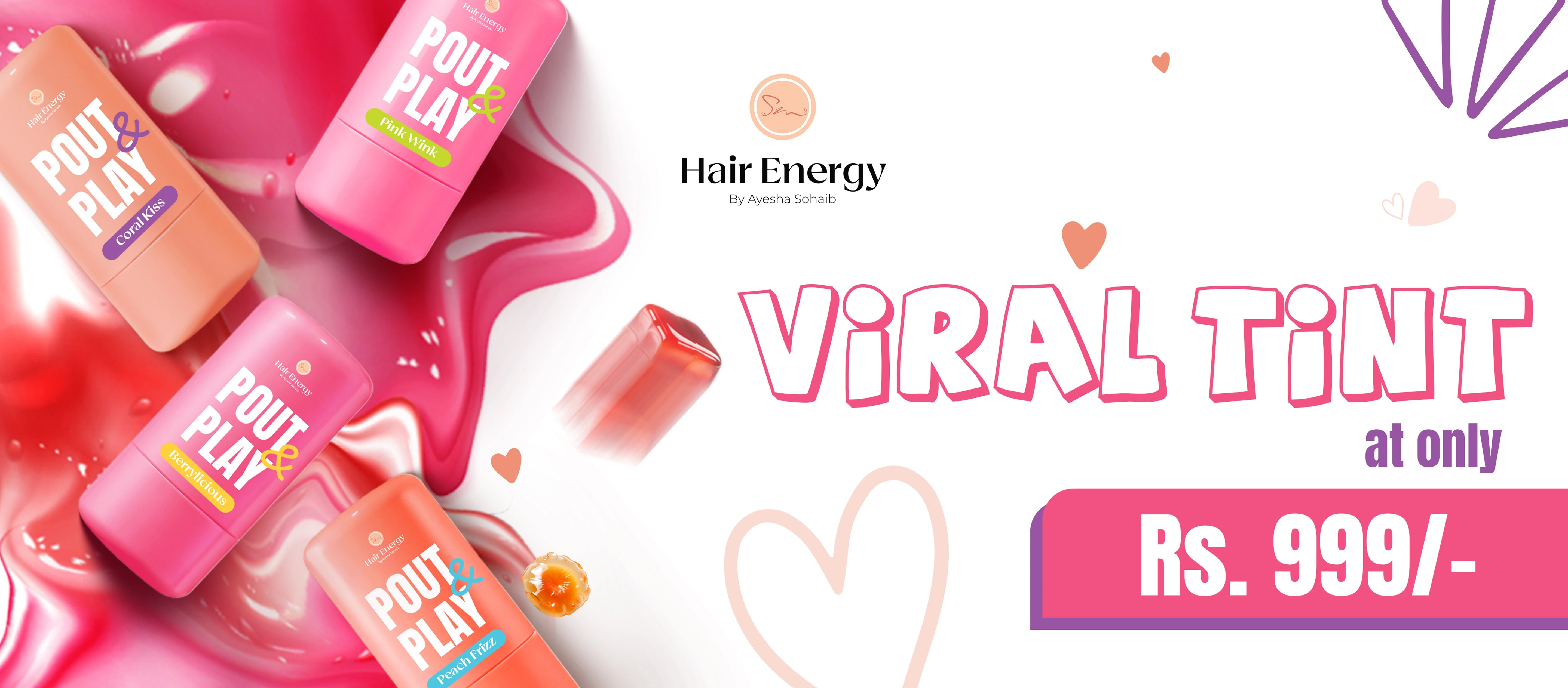 Hair energy viral tint products with 'Pout & Play' branding on a white background.