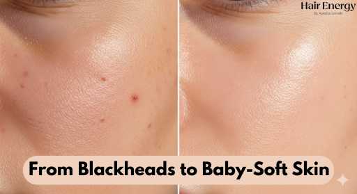A split-image design: one side showing visible blackheads and dull skin, the other side glowing, smooth, and baby-soft after exfoliation. Overlay text: “From Blackheads to Baby-Soft Skin.”
