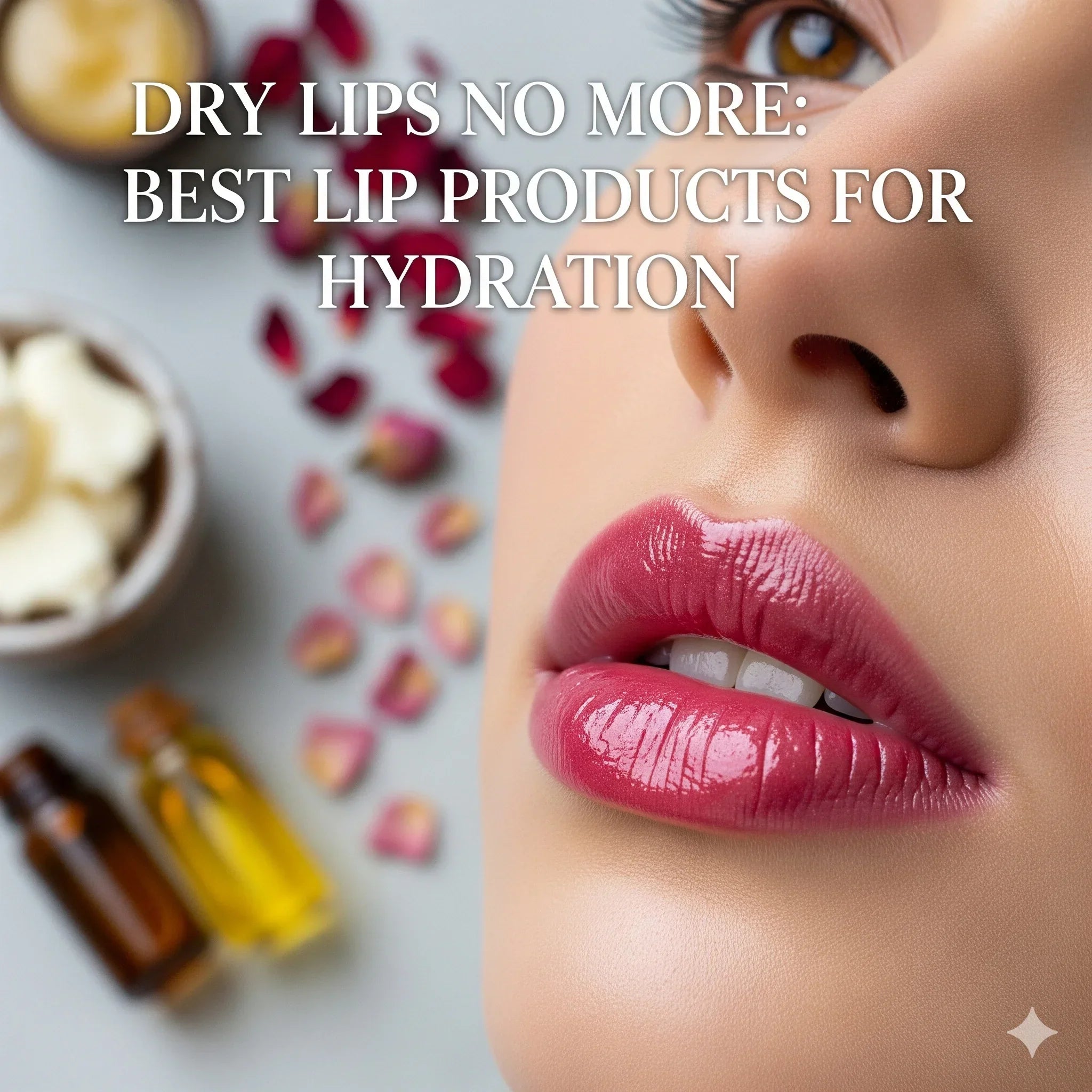  A close-up of a person's mouth with shiny, pink lips. In the blurred background, there are ingredients like oil and rose petals. Text on the image reads, "DRY LIPS NO MORE: BEST LIP PRODUCTS FOR HYDRATION."