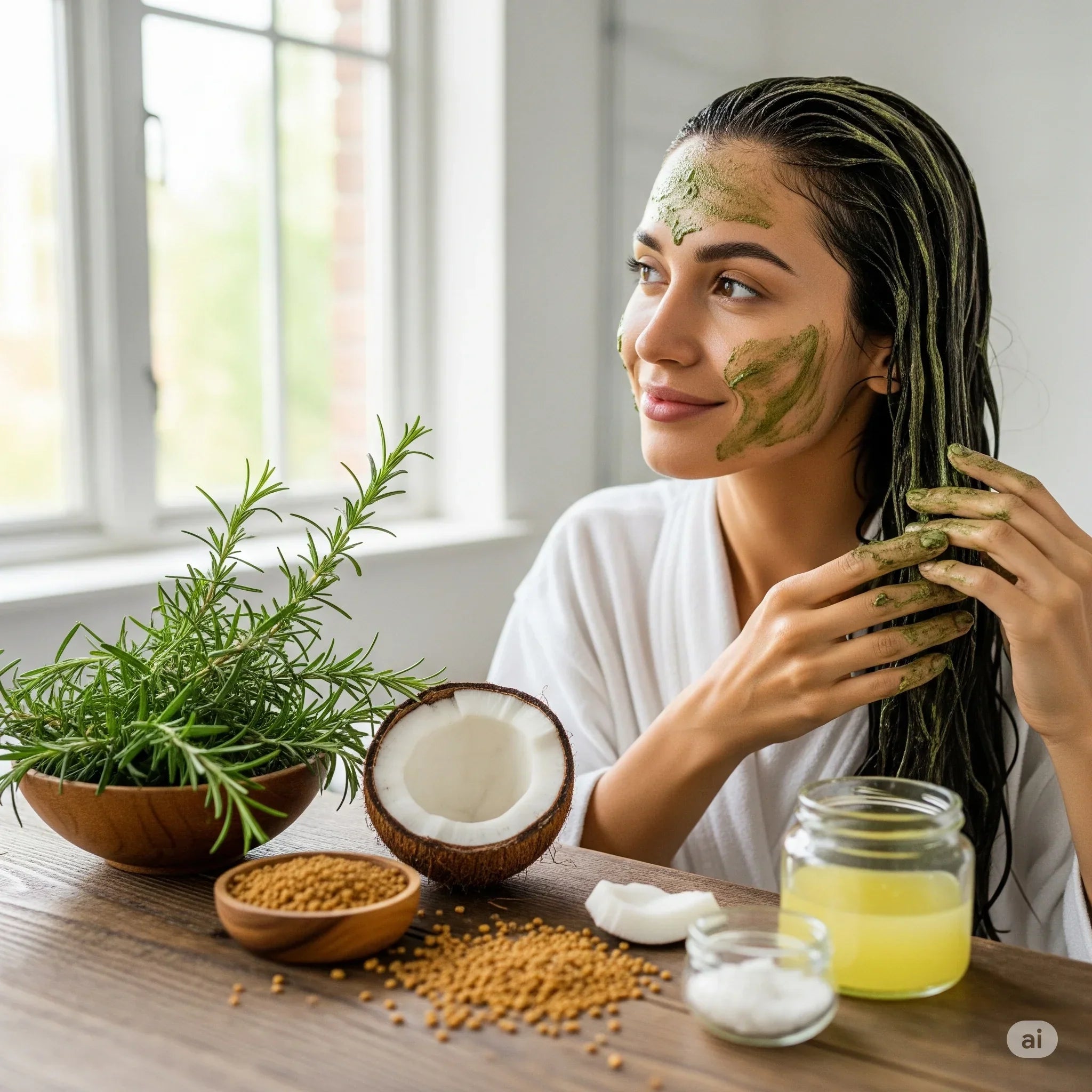 A smiling woman in a white robe is applying a green face and hair mask. On the wooden table in front of her are ingredients like rosemary, a coconut, fenugreek seeds, and a jar of yellow oil.