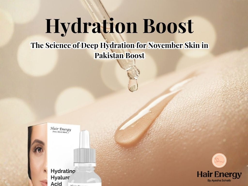 Premium skincare visual showing deep hydration with a serum drop on moisturized skin. Text: Hydration Boost."