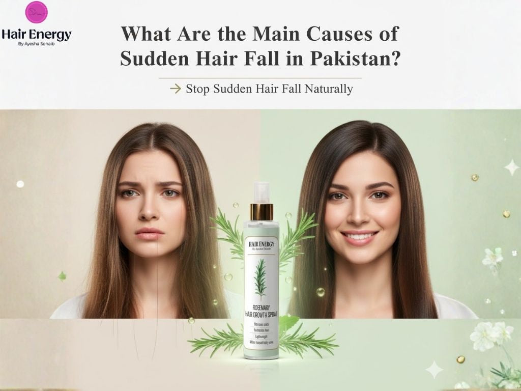 Infographic highlighting main causes of sudden hair fall in Pakistan, including stress, diet, and environmental factors.