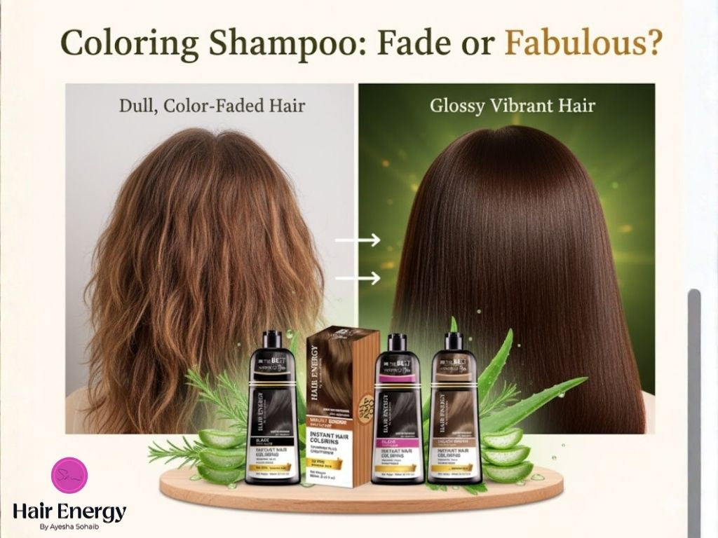 Hair energy color shampoo bottle labeled "Fade or Fabulous" with vibrant colors, promoting hair color maintenance.