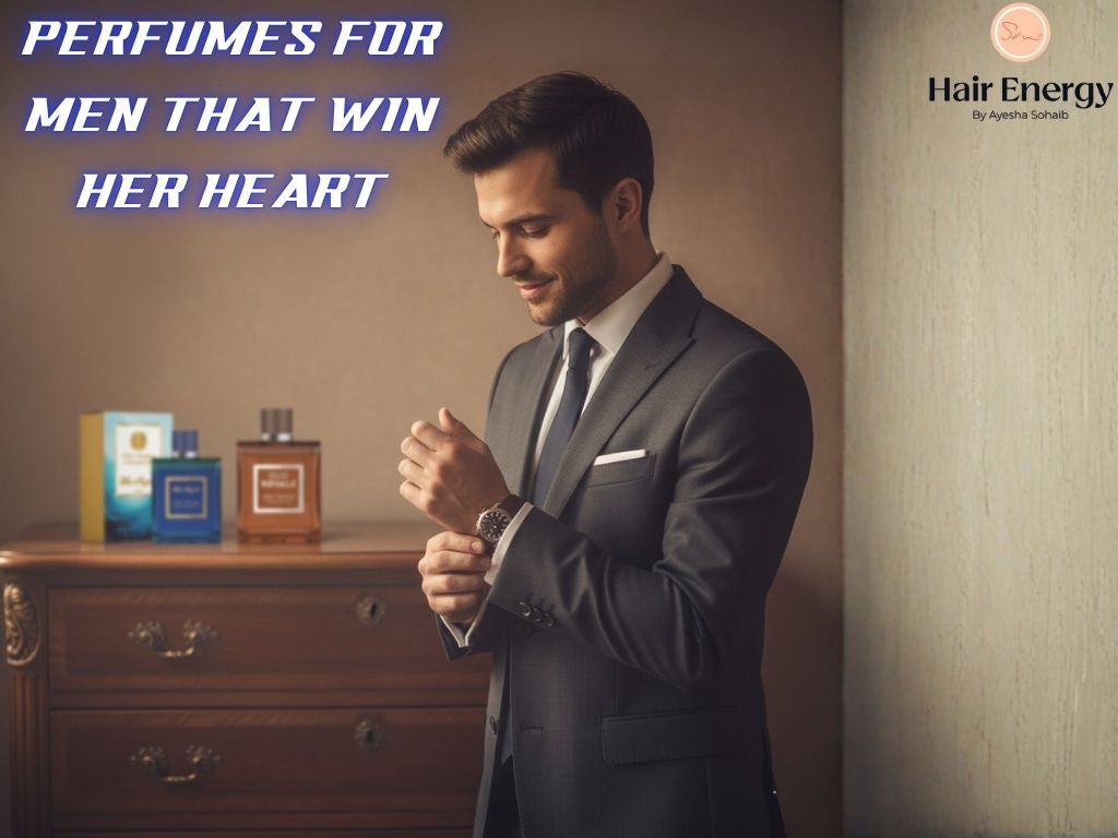 A man in a suit checks his watch, accompanied by the text "Perfume for men that win her heart."