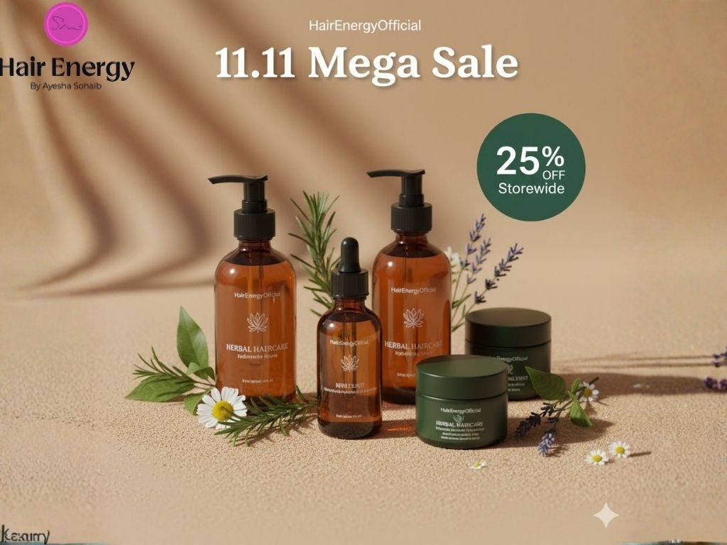 HairEnergyOfficial 11.11 Mega Sale thumbnail. Herbal haircare/skincare on beige background. "25% OFF Storewide" badge.