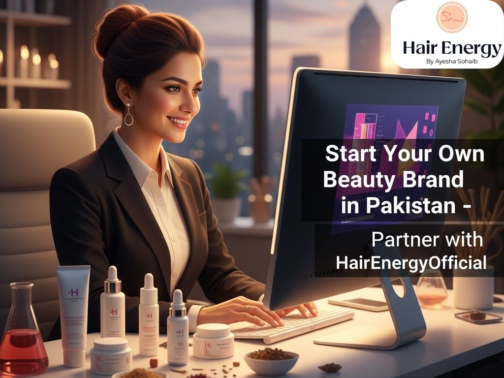 A woman at her desk with a motivational message: "Start your own beauty business in Pakistan.