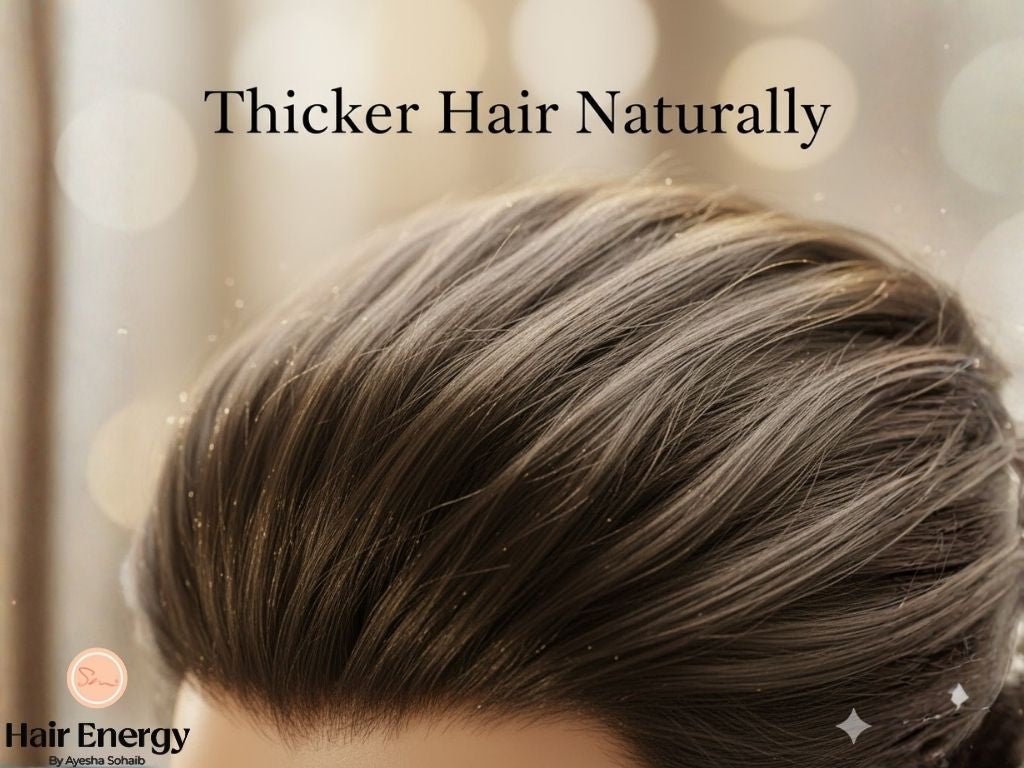 Editorial beauty image showcasing strong, hydrated hair with natural movement and a premium glow. Features the text 'Thicker Hair Naturally'
