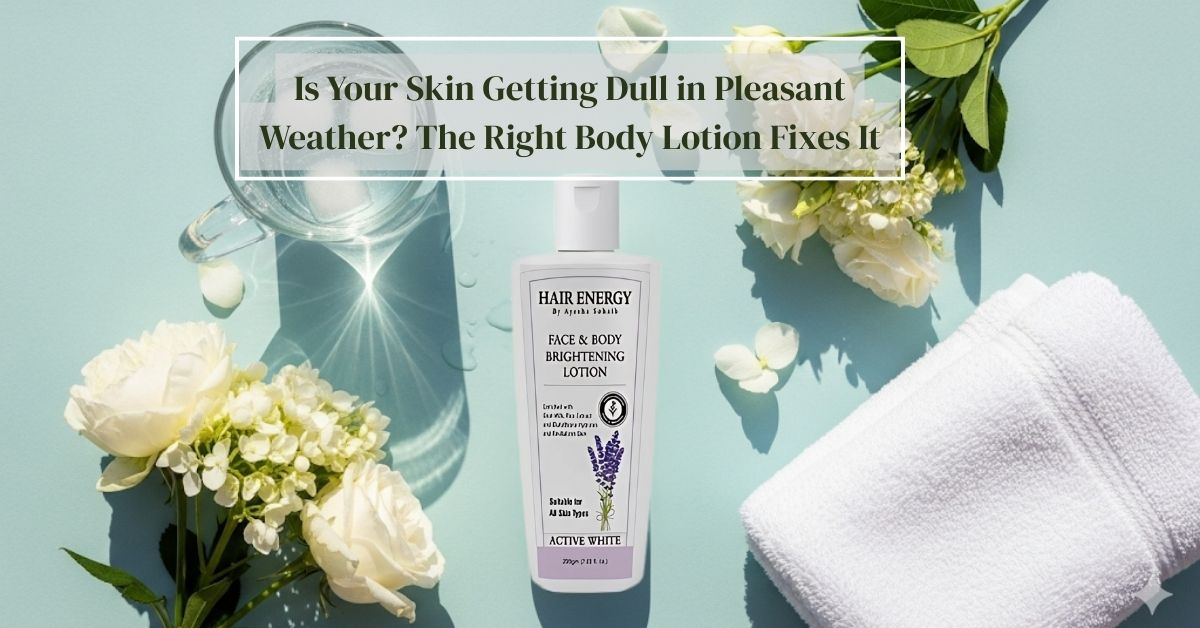 A bright, aesthetically pleasing flat lay of the Face & Body Whitening Lotion placed on a soft background with props like fresh flowers, a glass of water, and a towel—symbolizing hydration, glow, and self-care in pleasant weather.