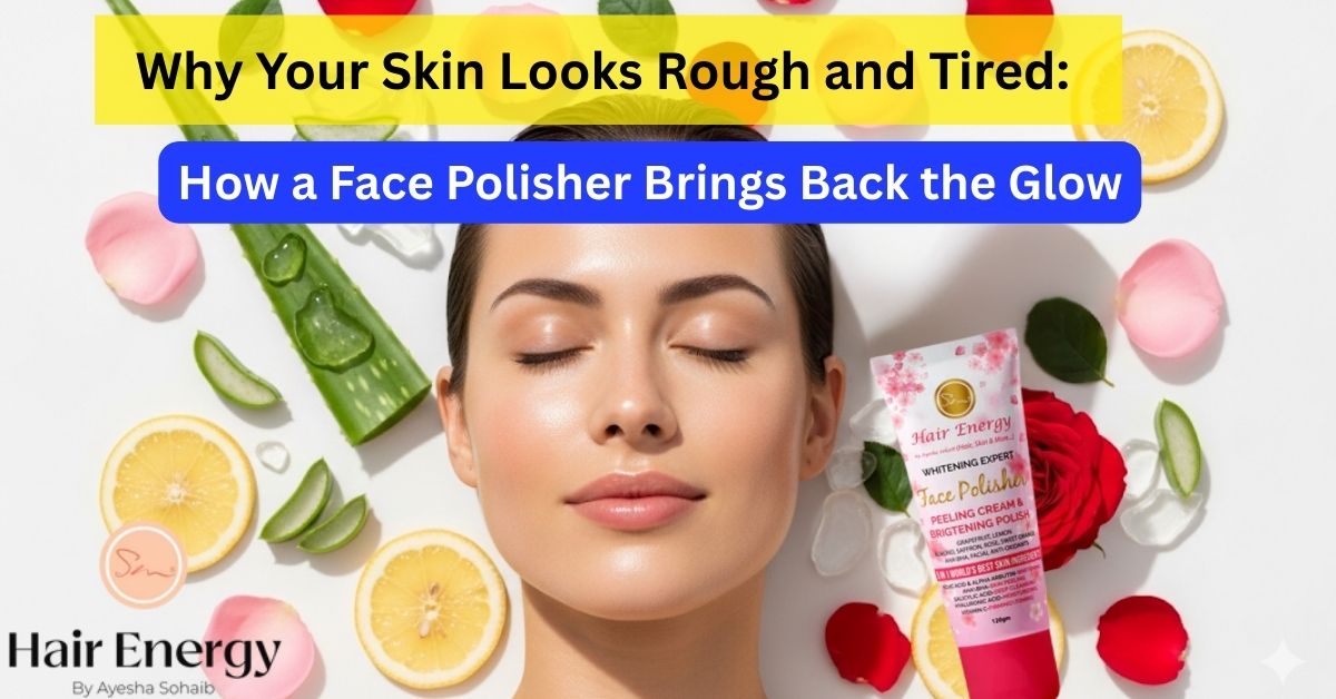 Visual explaining rough, tired skin and how a face polish can restore a healthy glow.