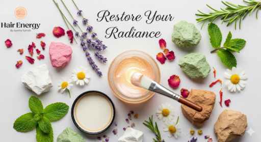 a flat lay of an open jar of face mask with a brush dipped in it, surrounded by natural ingredients like clay, flower petals, and herbs, all on a white background with the text "Restore Your Radiance.