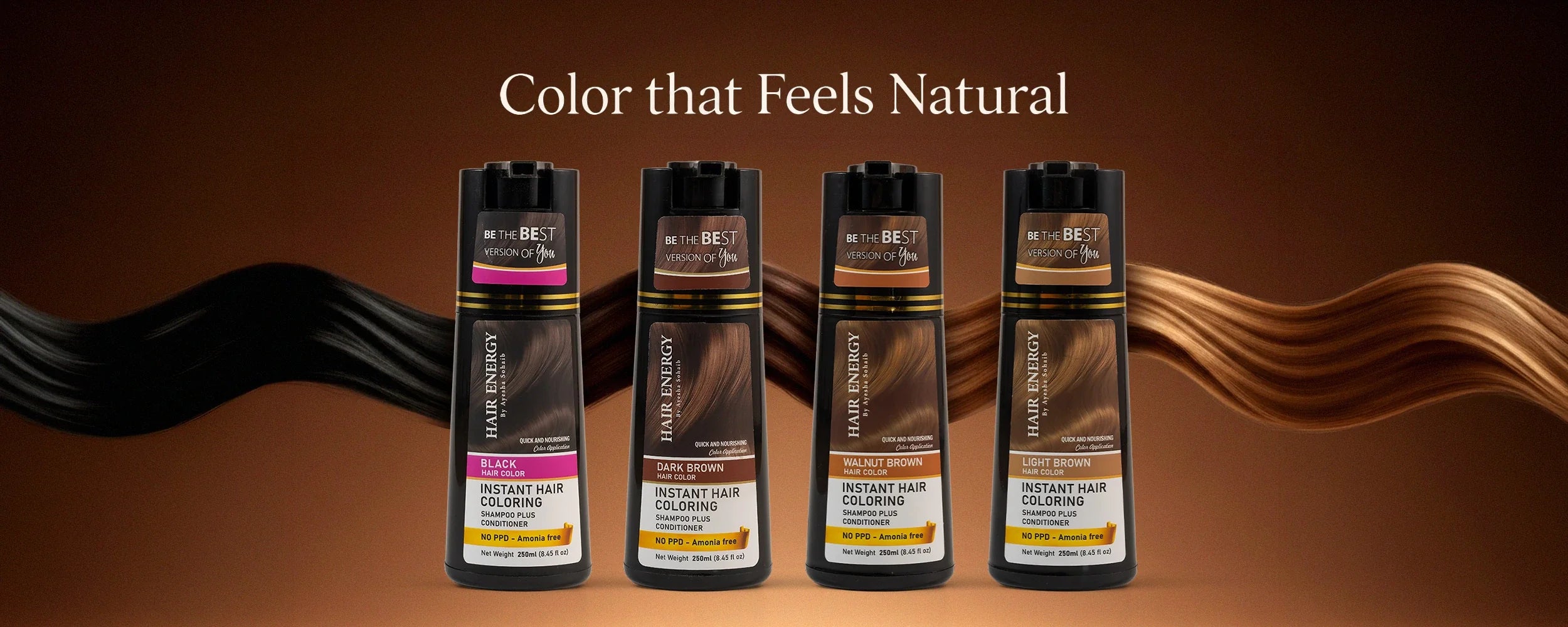 a banner showing best collection of hair dye shampoo plus conditioners  from hairenergyofficial 