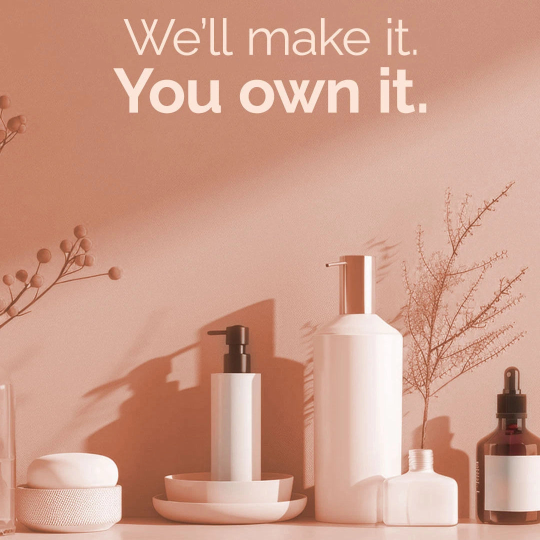 Cosmetic products on a pink background with motivational text and SMJ Labs logo.