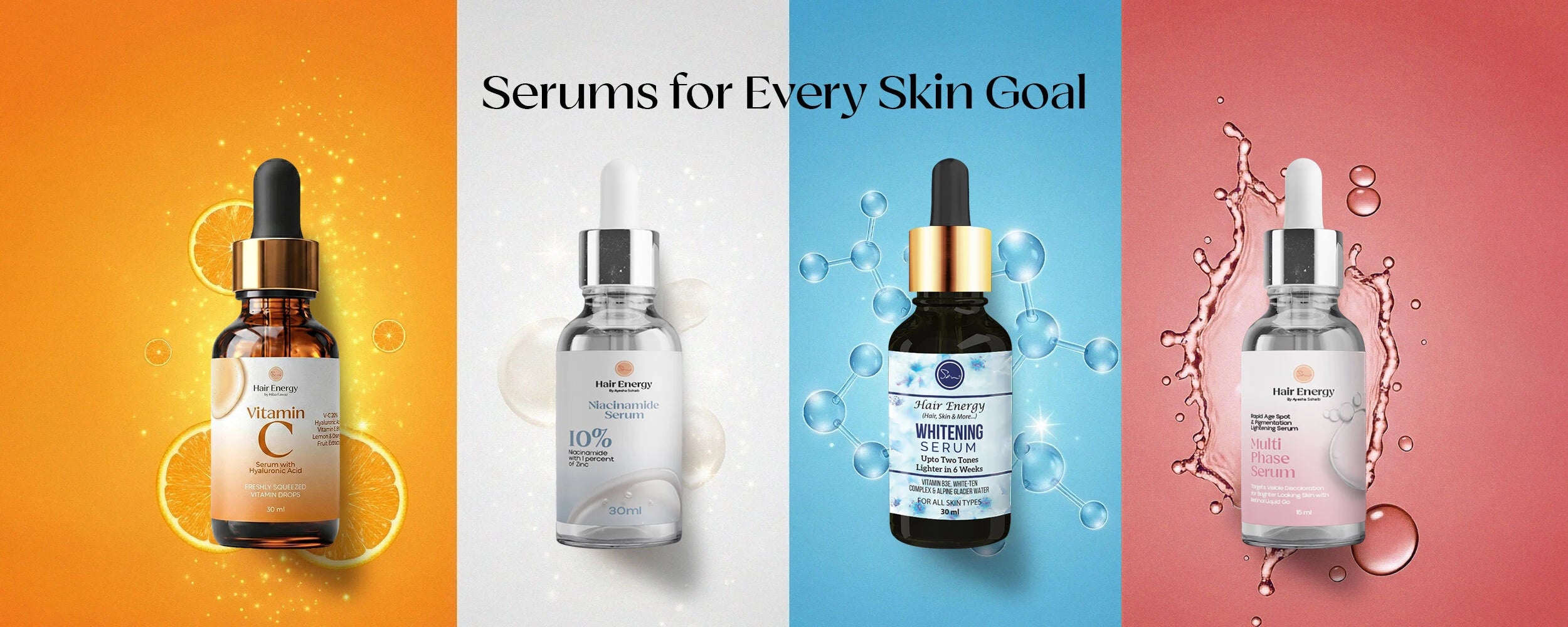 Four skincare serum bottles on a colorful background with text 'Serums for Every Skin Goal'.