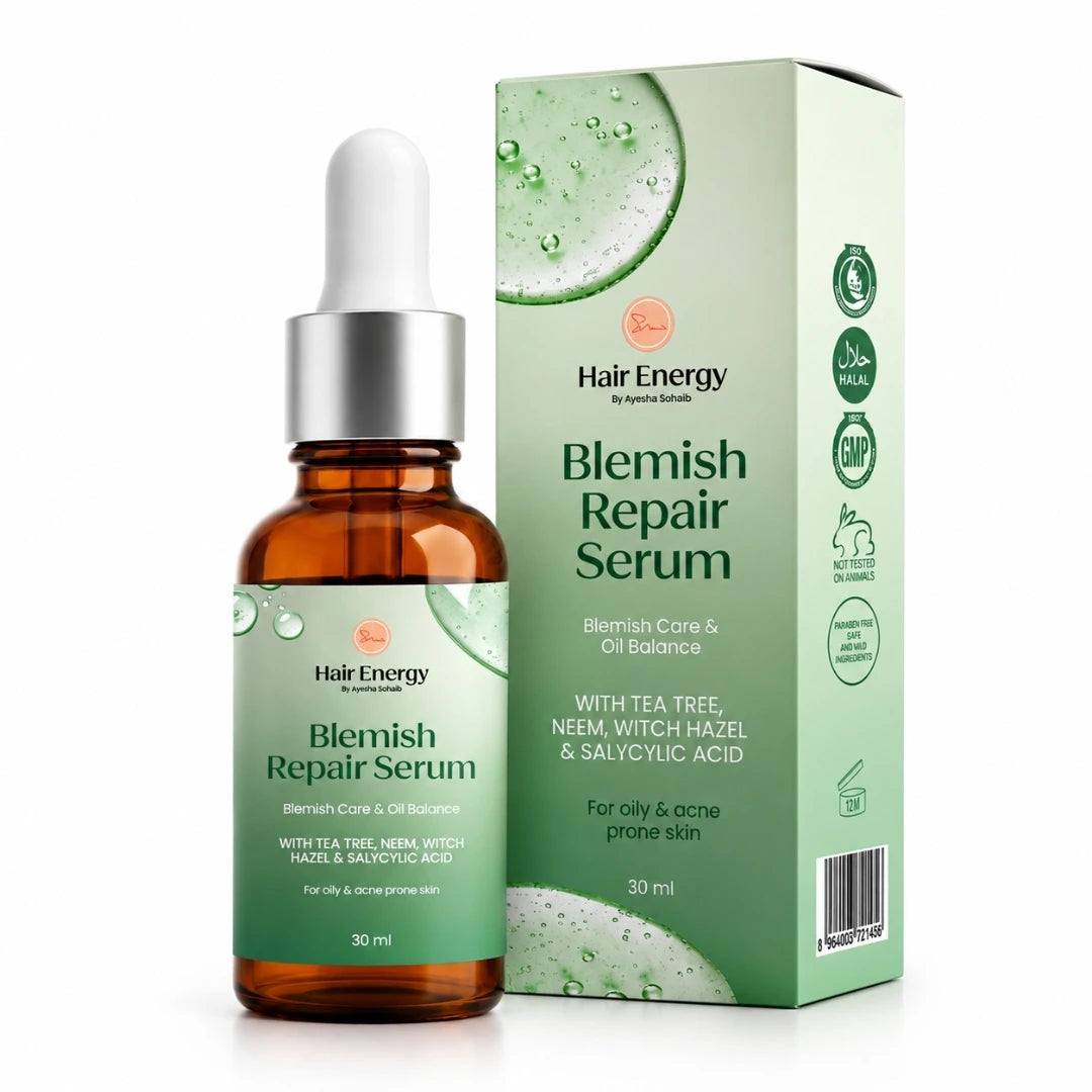 Hair Energy Blemish Repair Serum 30ml amber glass dropper bottle next to its light green packaging box, on a white background.