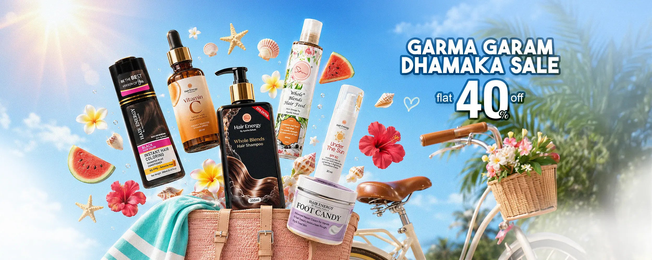 Cosmetic products with a bicycle and summer elements on a promotional banner.
