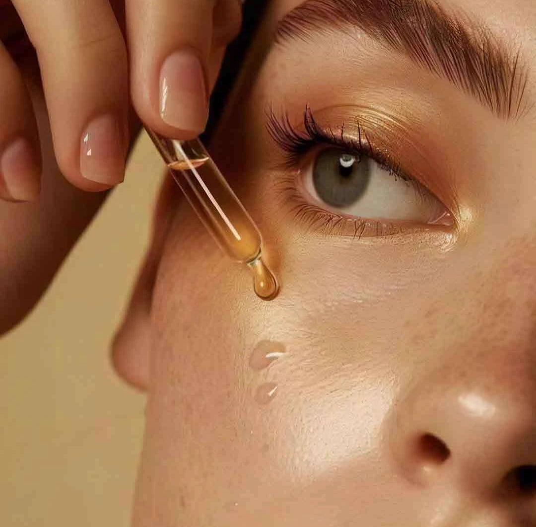 Close-up of a person applying a dropper of liquid to their eye, with a beige background.